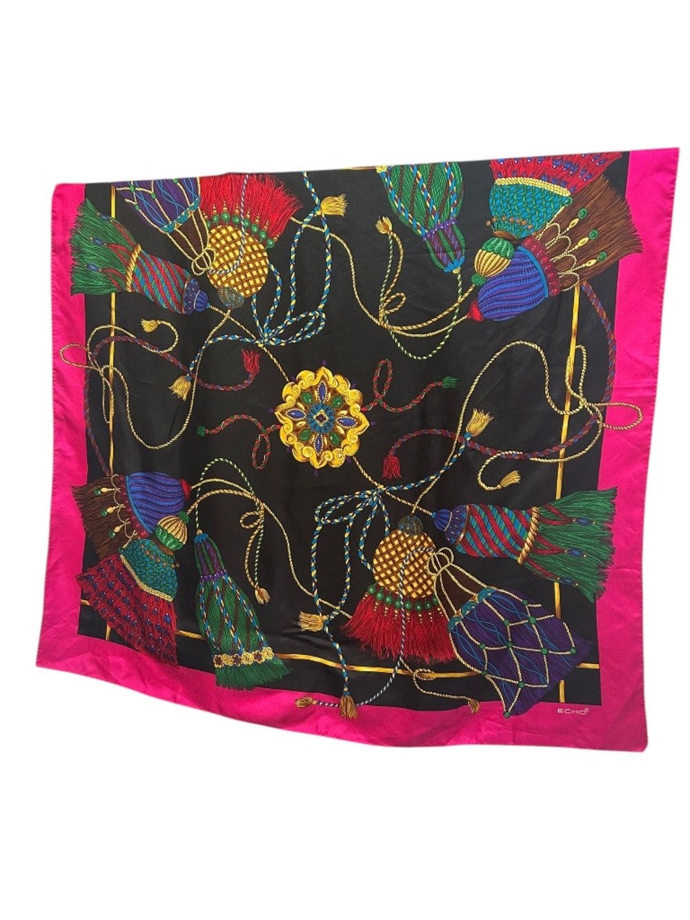 ECHO spectacular 100% silk bold colors pink green gold Tassels scarf 36" sq
